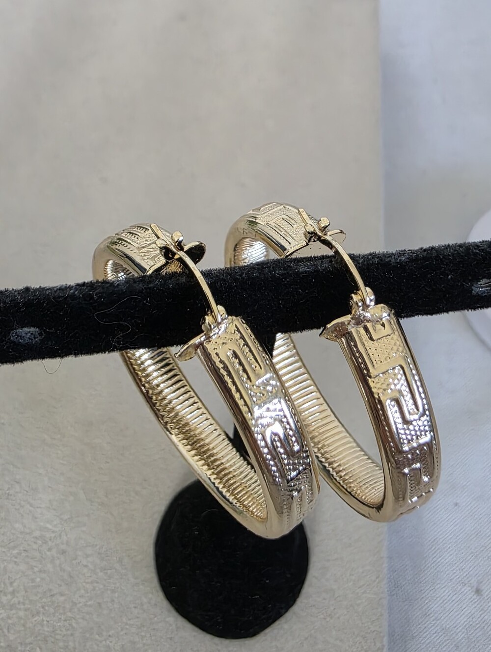 Textured Gold Hoop Earrings with Greek Key Etching & Ribbed Interior - Picture 6 of 9